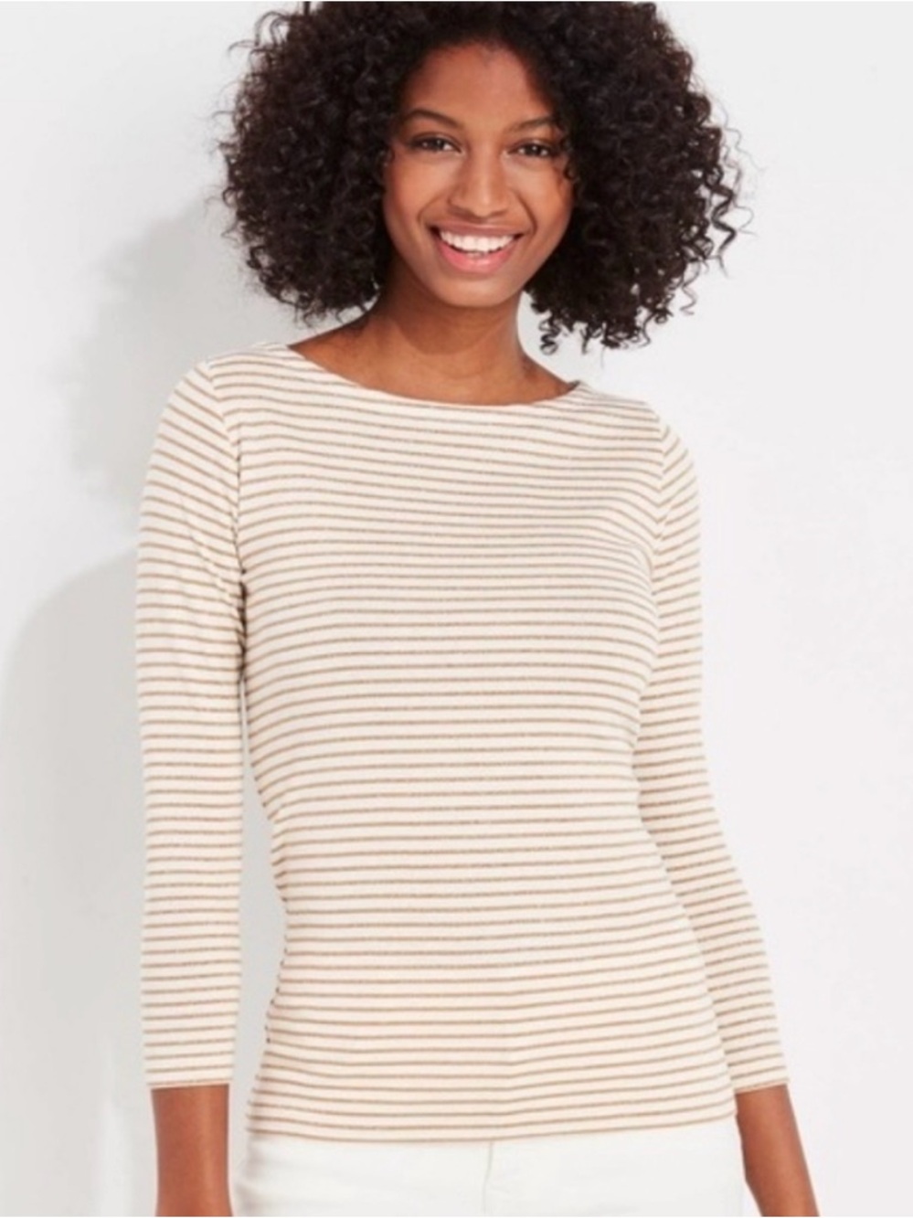 Vineyard Vines Cream and Tan Striped Boatneck Top